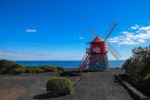 azores, windmill, red, heaven, nature, mood, small, stone wall, sea