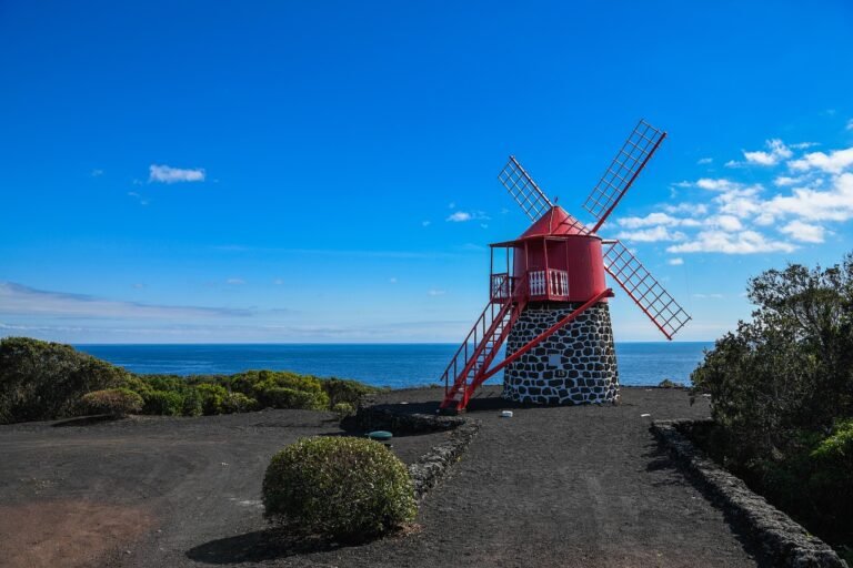 azores, windmill, red, heaven, nature, mood, small, stone wall, sea